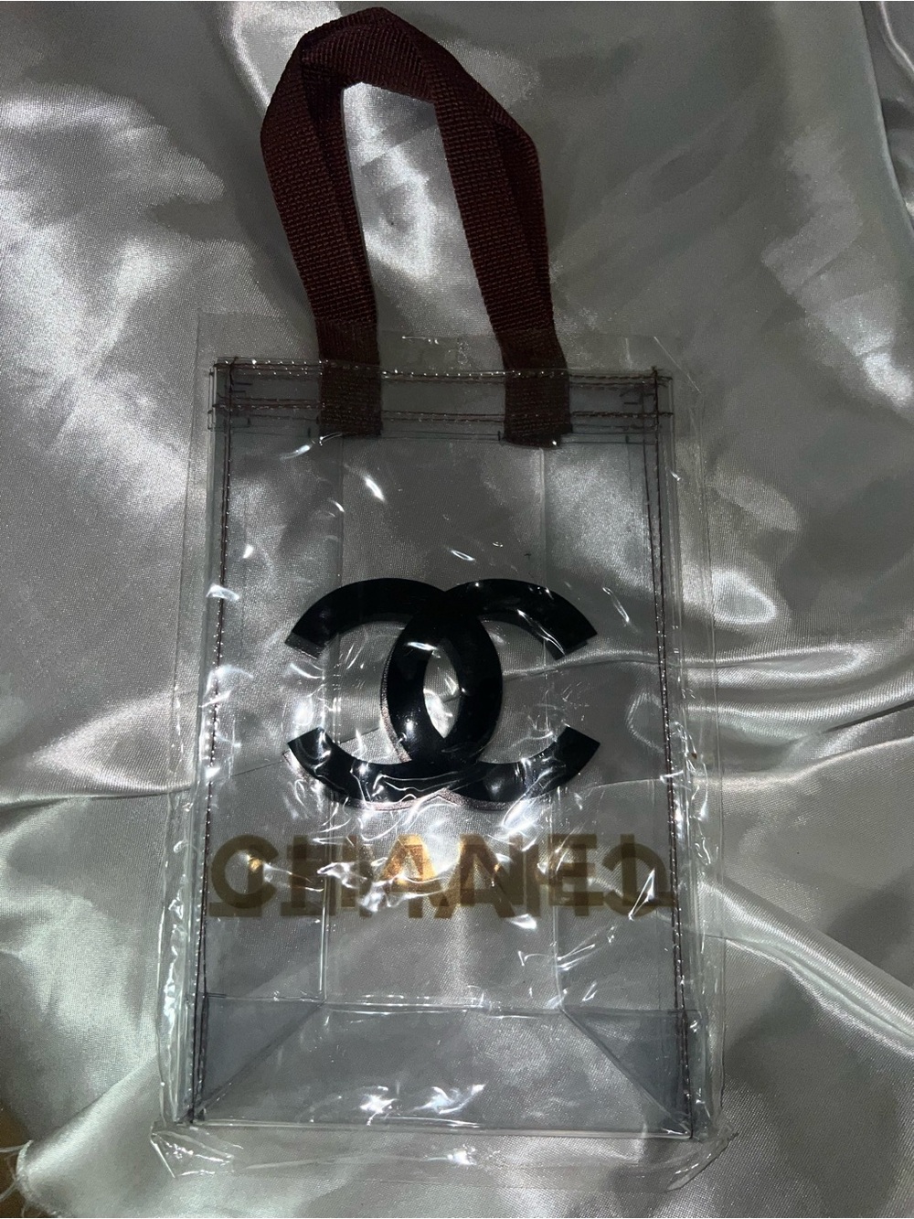 3 C Clear Vinyl Tote with Black Logo and Blue Handles